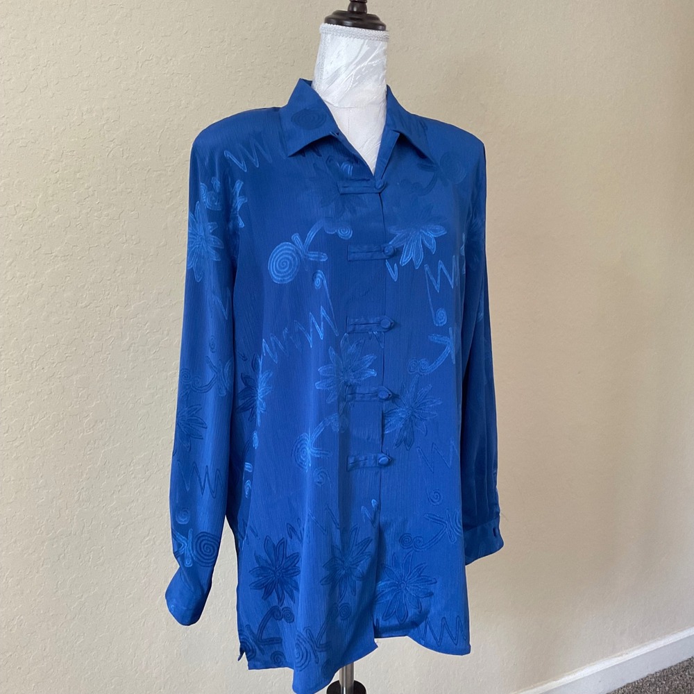Vintage Christie & Jill Blouse Blue Damask Jacquard Mandarin Collar Frog Closure
